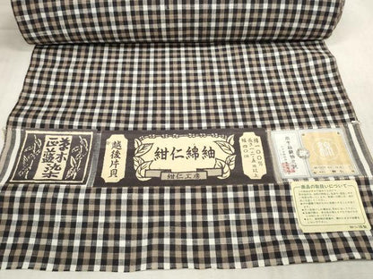 平和屋本店●極上 小千谷 紺仁 越後片貝木綿 反物 着尺 格子柄 紺仁工房 証紙付き 木綿 逸品 未使用 DZAA11228kh5