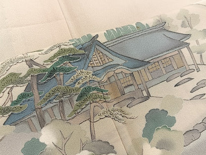 平和屋着物▽訪問着　単衣　手描き　風景松文　正絹　逸品　BAAS1036mz