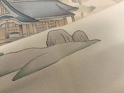 平和屋着物▽訪問着　単衣　手描き　風景松文　正絹　逸品　BAAS1036mz