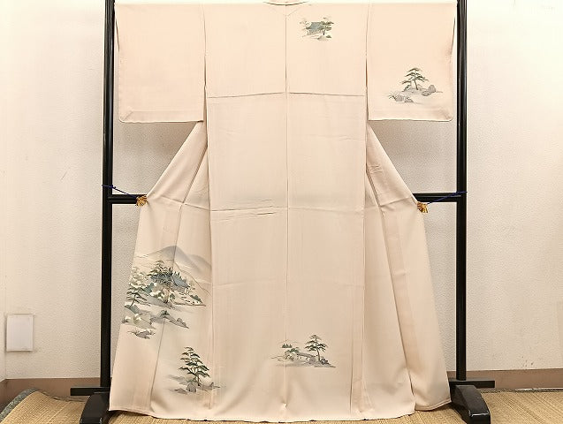 平和屋着物▽訪問着　単衣　手描き　風景松文　正絹　逸品　BAAS1036mz