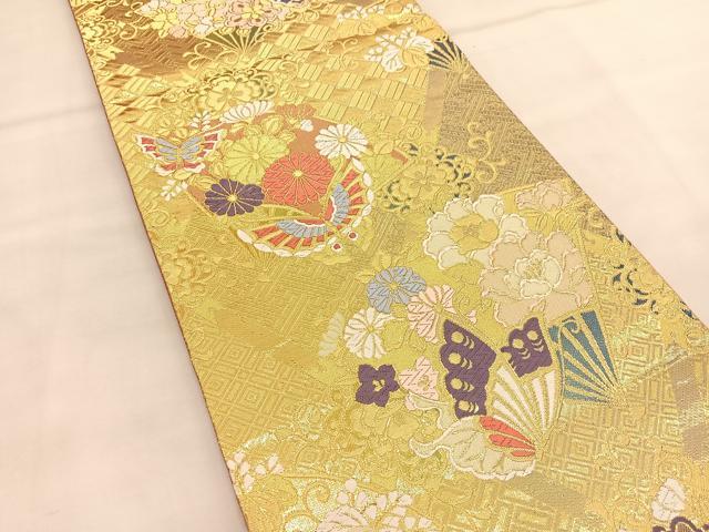 平和屋着物◎六通柄袋帯　唐織　扇面花蝶文　金糸　正絹　逸品　BAAU1879hv