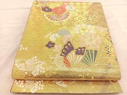 平和屋着物◎六通柄袋帯　唐織　扇面花蝶文　金糸　正絹　逸品　BAAU1879hv