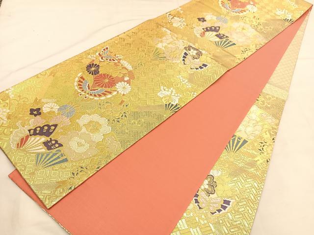 平和屋着物◎六通柄袋帯　唐織　扇面花蝶文　金糸　正絹　逸品　BAAU1879hv