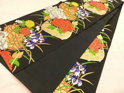 平和屋着物◎六通柄袋帯　唐織　花籠文　黒地　金銀糸　正絹　逸品　BAAU1898hv