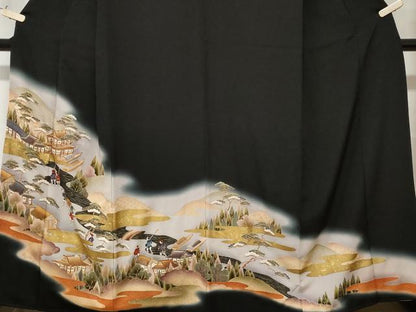 平和屋着物■豪華黒留袖　駒刺繍　人物御所解文　暈し染め　金彩　正絹　逸品　CAAU0680ev