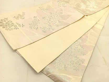 平和屋着物◎六通柄袋帯　草花文　銀糸　引箔　正絹　逸品　BAAU2468yc