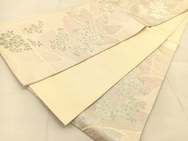平和屋着物◎六通柄袋帯　草花文　銀糸　引箔　正絹　逸品　BAAU2468yc