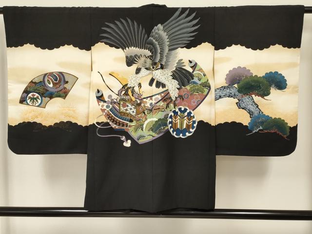 平和屋着物[]七五三　男の子　羽織・行灯袴・小物セット　鷹　鷲　龍　兜　絵巻梅松文　暈し染め　金彩　逸品　DAAS9276ma
