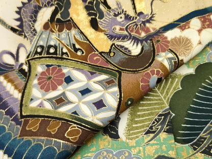 平和屋着物[]七五三　男の子　羽織・行灯袴・小物セット　鷹　鷲　龍　兜　絵巻梅松文　暈し染め　金彩　逸品　DAAS9276ma