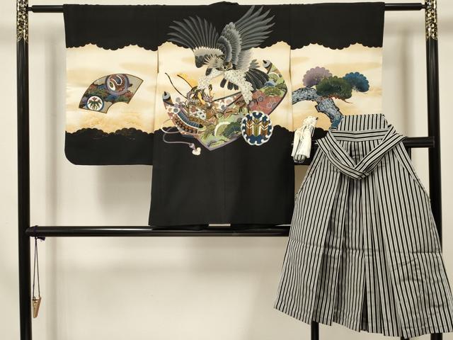 平和屋着物[]七五三　男の子　羽織・行灯袴・小物セット　鷹　鷲　龍　兜　絵巻梅松文　暈し染め　金彩　逸品　DAAS9276ma