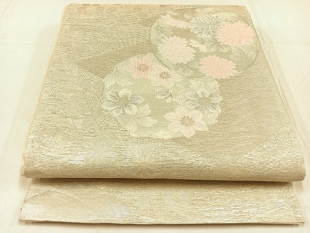 平和屋着物＊夏物　六通柄袋帯　花丸文　銀糸　正絹　逸品　AAAY8260jh