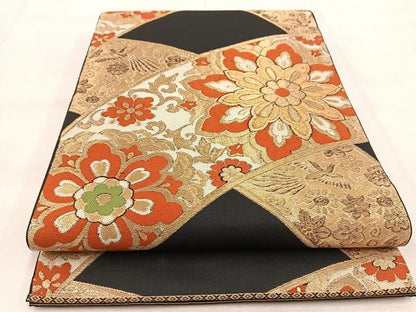 平和屋着物◎六通柄　本袋帯　鳳凰正倉院花文　黒地　金糸　正絹　逸品　BAAU6037yc