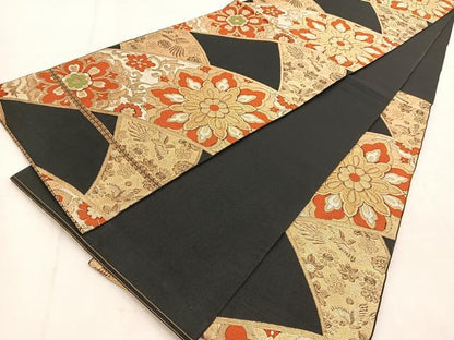 平和屋着物◎六通柄　本袋帯　鳳凰正倉院花文　黒地　金糸　正絹　逸品　BAAU6037yc