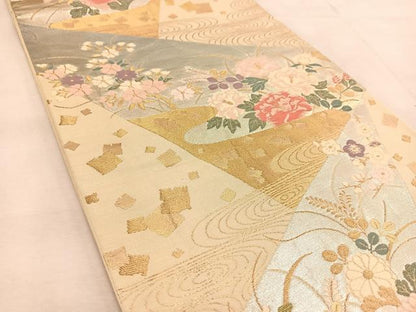 平和屋着物◎六通柄袋帯　唐織　切嵌花流水　金銀糸　正絹　逸品　BAAU6025yc