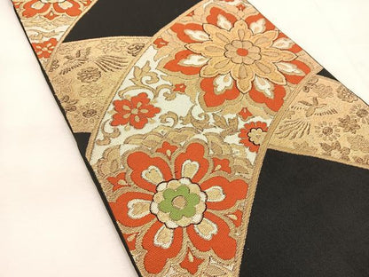 平和屋着物◎六通柄　本袋帯　鳳凰正倉院花文　黒地　金糸　正絹　逸品　BAAU6037yc