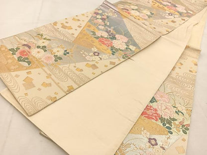 平和屋着物◎六通柄袋帯　唐織　切嵌花流水　金銀糸　正絹　逸品　BAAU6025yc