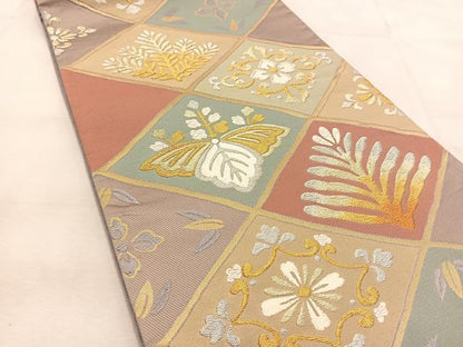 平和屋着物◎六通柄袋帯　唐織　菱繋ぎ草花文　金銀糸　正絹　逸品　BAAU6110yc