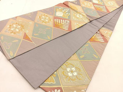 平和屋着物◎六通柄袋帯　唐織　菱繋ぎ草花文　金銀糸　正絹　逸品　BAAU6110yc