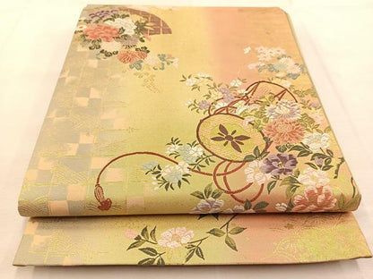 平和屋着物◎六通柄袋帯　唐織　地紙鼓花文　金糸　引箔　正絹　逸品　BAAU6116yc