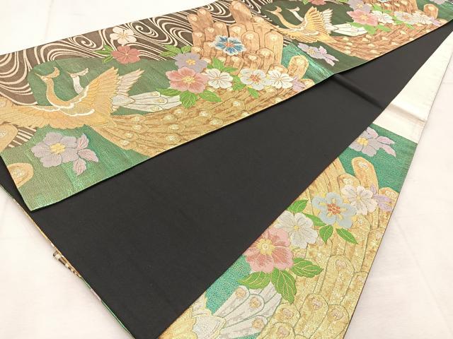 平和屋着物◎六通柄袋帯　孔雀花文　黒地　金銀糸　正絹　逸品　BAAU6083yc
