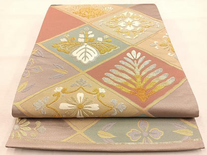 平和屋着物◎六通柄袋帯　唐織　菱繋ぎ草花文　金銀糸　正絹　逸品　BAAU6110yc