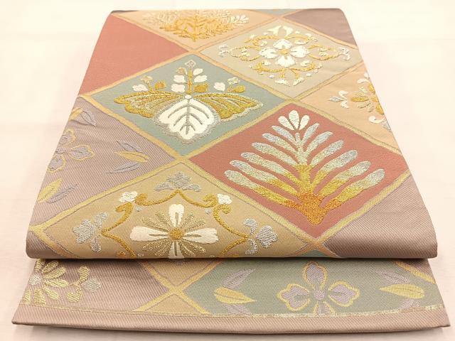 平和屋着物◎六通柄袋帯　唐織　菱繋ぎ草花文　金銀糸　正絹　逸品　BAAU6110yc
