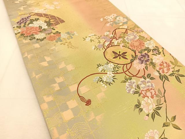 平和屋着物◎六通柄袋帯　唐織　地紙鼓花文　金糸　引箔　正絹　逸品　BAAU6116yc