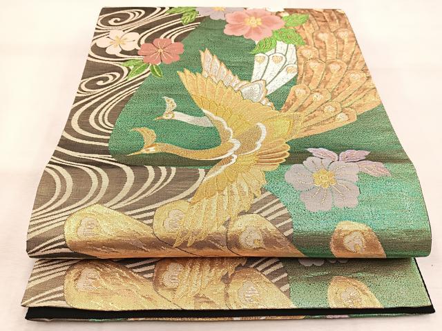 平和屋着物◎六通柄袋帯　孔雀花文　黒地　金銀糸　正絹　逸品　BAAU6083yc