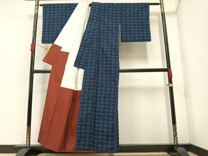 平和屋着物●真綿結城紬　本草木染　藍染　草花文　証紙付き　正絹　逸品　AAAY8629ph