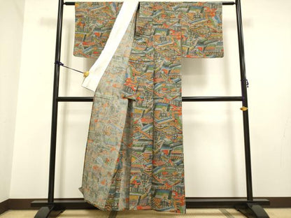 平和屋着物▽染織の名門 しょうざん 小紋 単衣 風景文 反端付き 未使用 DAAV3124du