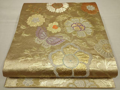 平和屋着物▼六通柄袋帯　花蝶文　金糸　正絹　逸品　AAAY9485wj