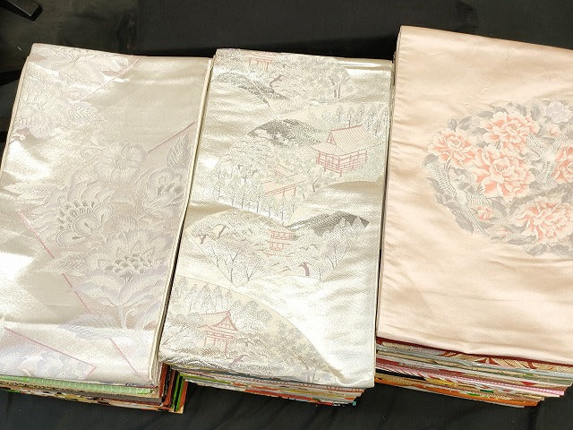 平和屋本店■袋帯 西陣 まとめて100点 向かい鶴 尾長鳥 人物 蝶 風景 更紗 花柄 宝相華 楽器 金銀糸 など 未使用品あり 全て正絹 se3495