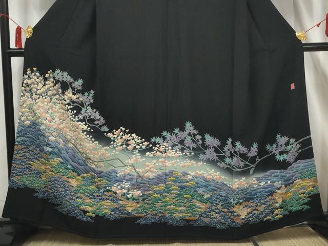 平和屋着物●本場加賀友禅作家 杉浦伸 黒留袖 流水枝花文 暈し染め 正絹 逸品 AAAY5517gw