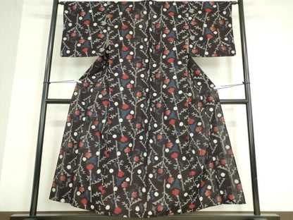 平和屋着物●久留米絣　単衣　綿　枝花文　逸品　DAAV5176az