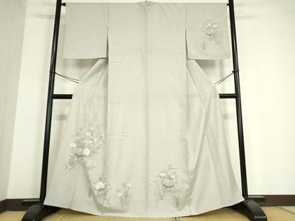 平和屋着物▽訪問着 紬地 単衣 草花文 手描き 正絹 逸品 未使用 DAAV5199az