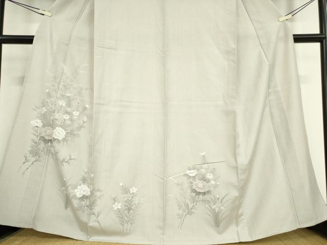 平和屋着物▽訪問着 紬地 単衣 草花文 手描き 正絹 逸品 未使用 DAAV5199az