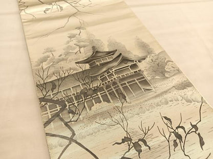 平和屋着物◎全通柄袋帯　手描き　風景文　引箔　正絹　逸品　BAAU5484hv