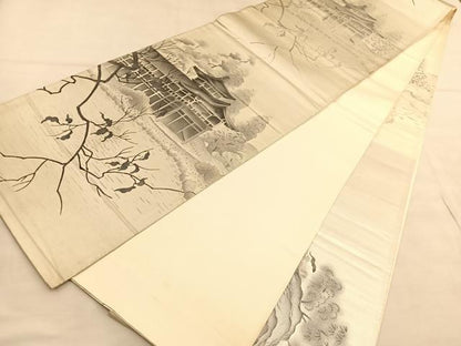 平和屋着物◎全通柄袋帯　手描き　風景文　引箔　正絹　逸品　BAAU5484hv