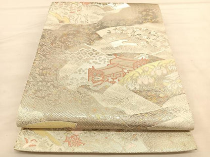 平和屋着物◎六通柄袋帯　扇面御所車花鳥文　白金二重引箔織　正絹　逸品　BAAU5495hv