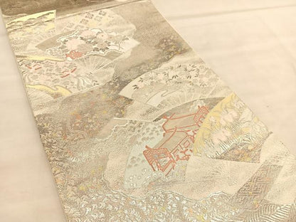 平和屋着物◎六通柄袋帯　扇面御所車花鳥文　白金二重引箔織　正絹　逸品　BAAU5495hv