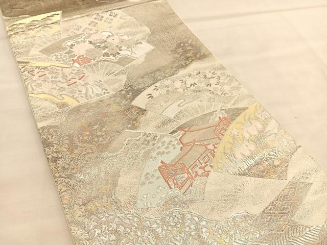 平和屋着物◎六通柄袋帯　扇面御所車花鳥文　白金二重引箔織　正絹　逸品　BAAU5495hv