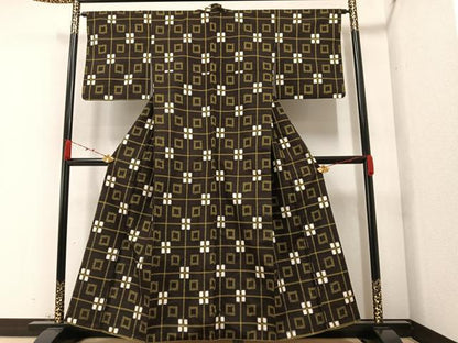 平和屋着物●上質な紬　花格子　正絹　逸品　AAAZ2387ph