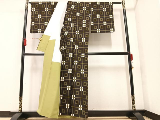 平和屋着物●上質な紬　花格子　正絹　逸品　AAAZ2387ph