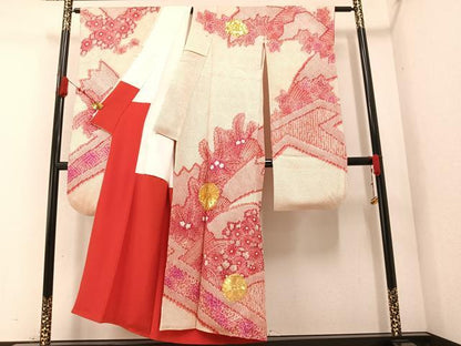 平和屋着物●豪華振袖　駒刺繍　絞り　草花文　正絹　逸品　AAAZ2404ph