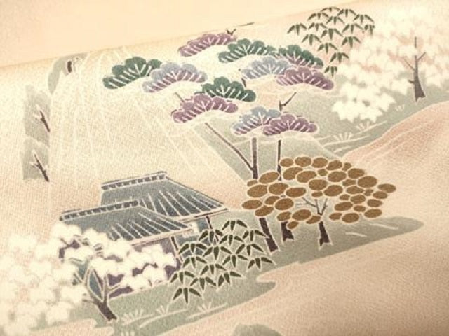 平和屋着物▽訪問着 単衣 渡り橋風景花文 暈し染め 正絹 逸品 DAAV3157du