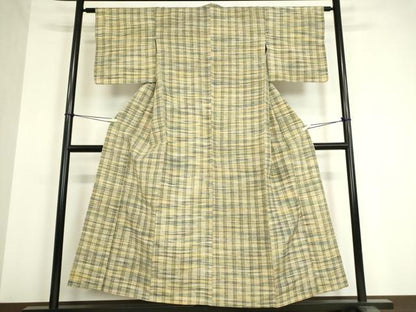 平和屋着物▽上質な紬　単衣　格子　正絹　逸品　DAAV5352az