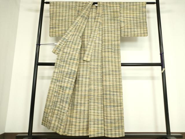 平和屋着物▽上質な紬　単衣　格子　正絹　逸品　DAAV5352az
