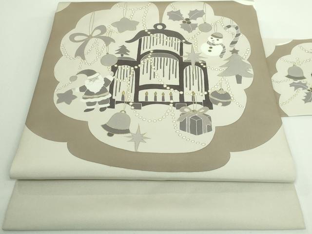 平和屋着物■極上　塩瀬　九寸名古屋帯　クリスマス　白橡色地　金彩　逸品　DZAA8973kh5