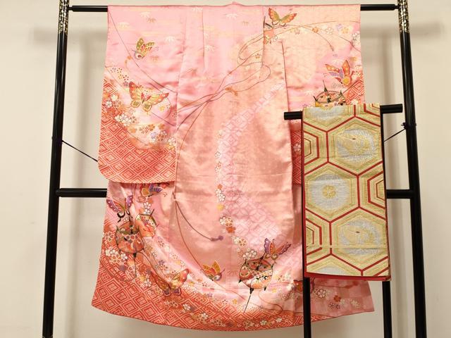 平和屋着物[]七五三　女の子　７歳　祝着　四つ身　袋帯セット　糸車　鳳凰花蝶文　暈し染め　金彩　DAAS9474ma