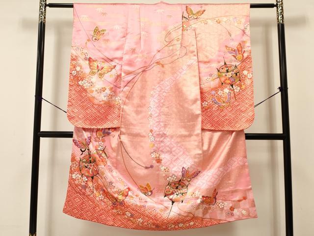 平和屋着物[]七五三　女の子　７歳　祝着　四つ身　袋帯セット　糸車　鳳凰花蝶文　暈し染め　金彩　DAAS9474ma